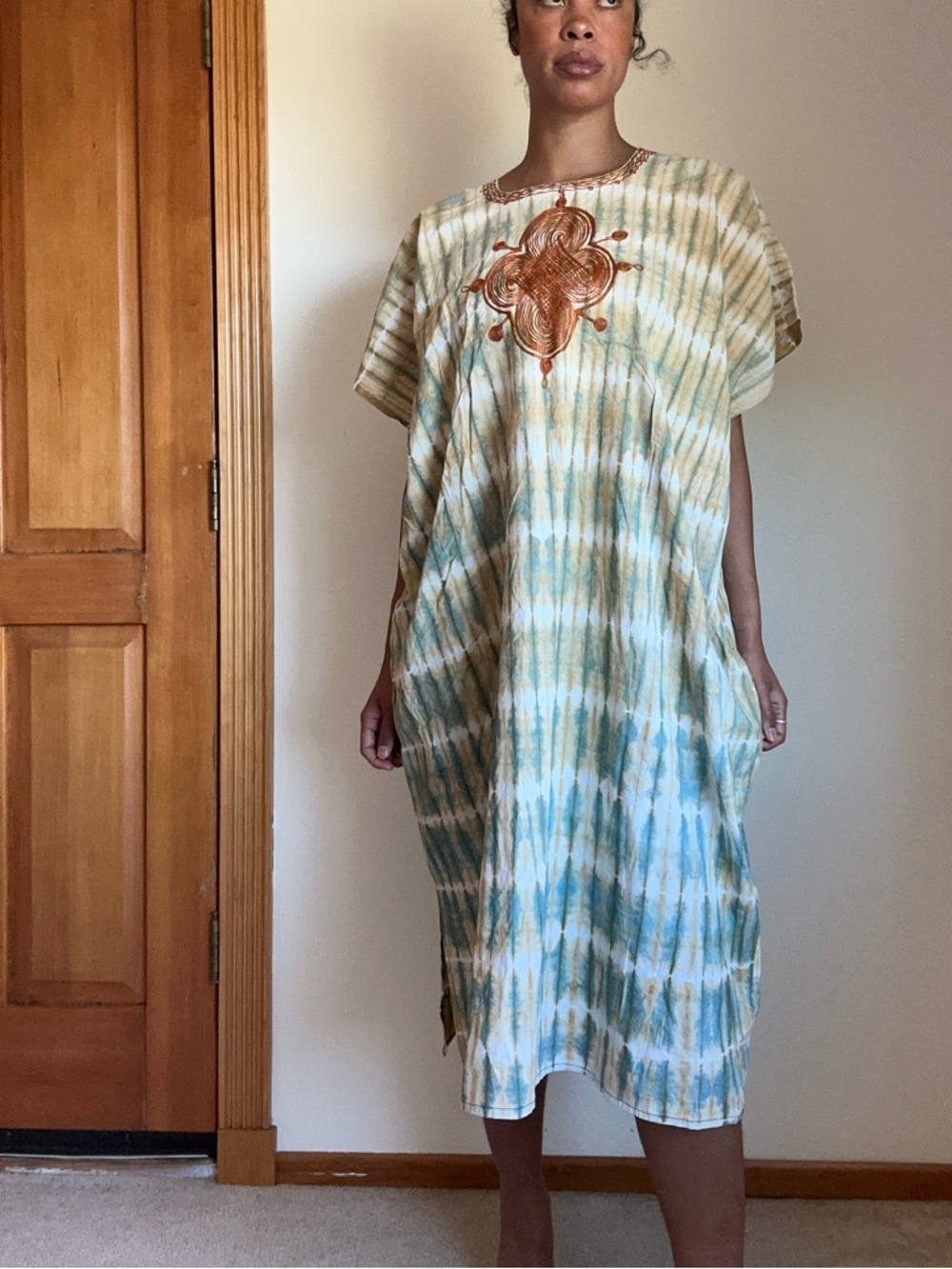 Tie-Dye Green and Cream Embroidered Kaftan Dress